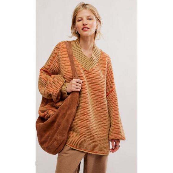 Free people orange tan v neck oversized sweater - Picture 2 of 8